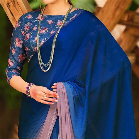 Blue Printed With Swarovski Work Chiffon Ombre Saree