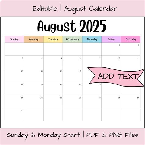 Blank Editable August 2025 Calendar