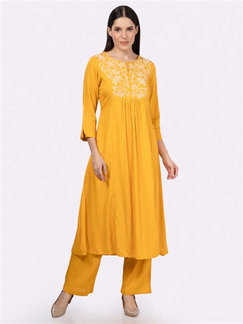 Yellow Rayon Slub Embroidered Yoke Kurta Set – Saffron Threads
