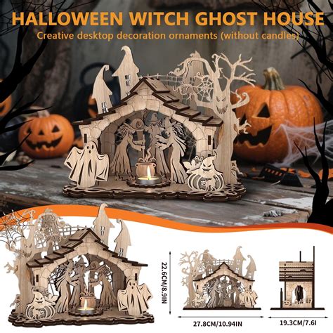 Halloween Scene Candle Holder - Laser Cut Wood Spooky Decor with Witch ...