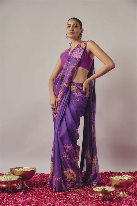 Purple Embroidered Pre-Draped Saree – AGASHE