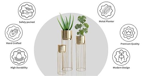 BEHOMA Gold Plated Metal Floor Planters with Stands (Set of 3), Modern ...