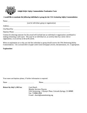 Adolph Kiefer Safety Commendation Nomination Doc Template | pdfFiller