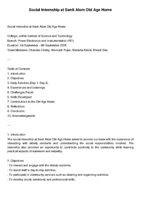 Social Internship Report at Santi Alom Old Age Home (PEI) - Studocu