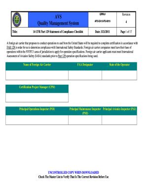 2011-2026 Form FAA 14 CFR Part 129 Statement of Compliance Checklist ...