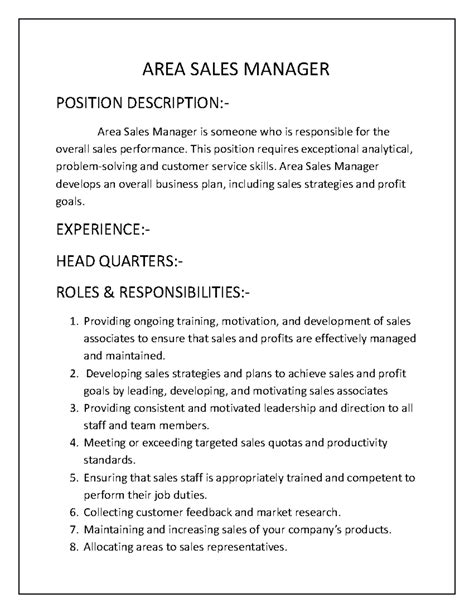 AREA Sales Manager - AREA SALES MANAGER POSITION DESCRIPTION:- Area ...