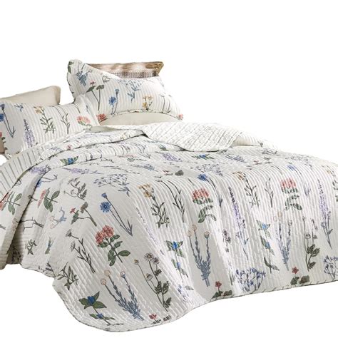 Floral White Reversible Queen Size Quilt Set 3-Piece Botanical ...