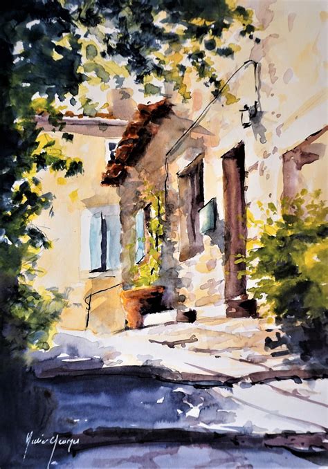 Watercolor by Didier GEORGES / Aquarelle en Provence Lubéron | Tableaux paysage, Dessin paysage ... - painting of a barn
