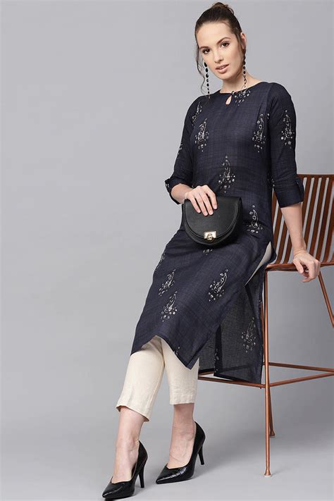 Navy Blue & Off White Printed Straight Kurta VCK1251 – Ahika