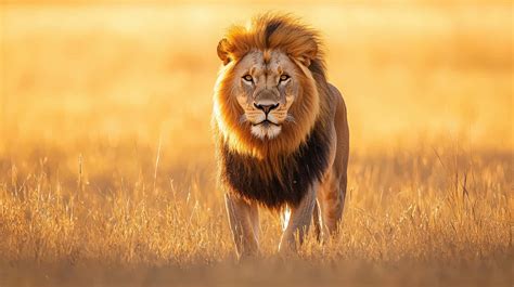 Download Majestic Male Lion Walking Through Golden Grasslands At ...