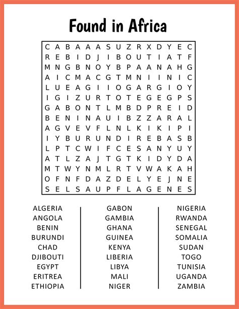 Found in Africa Word Search