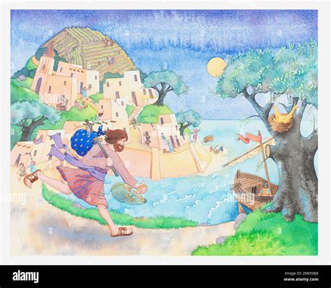 Illustration from the biblical story of Jonah and the Whale, showing ...