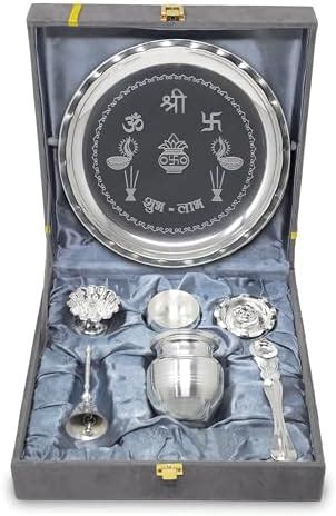 BENGALEN Silver Plated Pooja Thali Set with Grey Velvet Gift Box 8 Inch ...