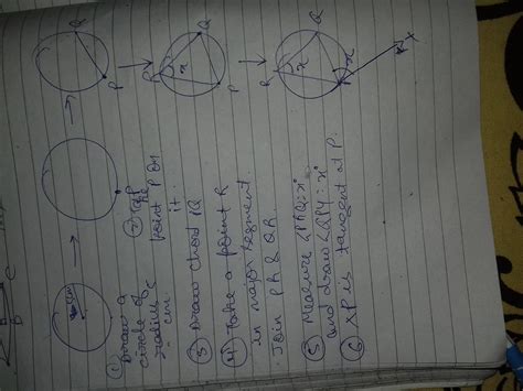 Draw a circle of radius 5 cm, take a point P on it. Without using the ...