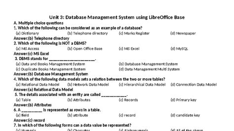 Part B: Unit 3 - DBMS Multiple Choice Questions and Answers - Studocu