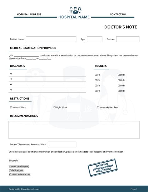 Physician Release to Work Form - WordLayouts