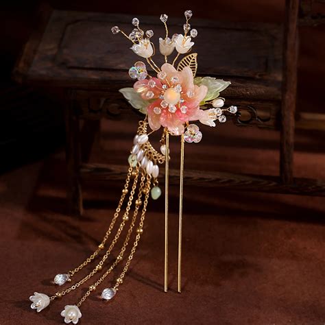 Elegant Pink Flower Hair Pin U Shaped Floral Hair Sticks Forks Pearls ...