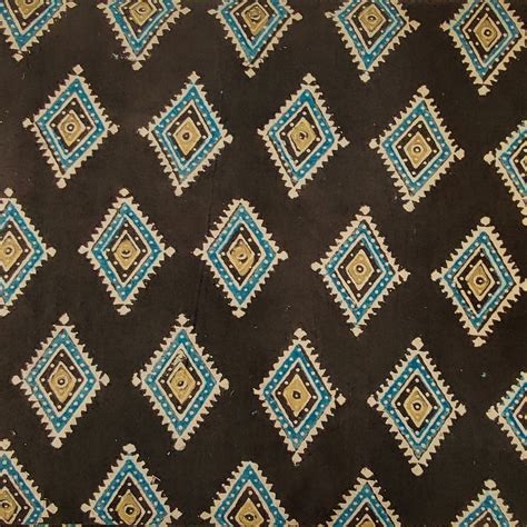 Pure Cotton Ajrak Dark Brown With Blue Intricate Diamond Hand Block Pr ...