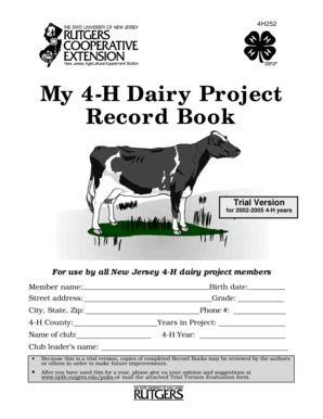 Fillable Online co hunterdon nj My 4-H Dairy Project Record Book ...