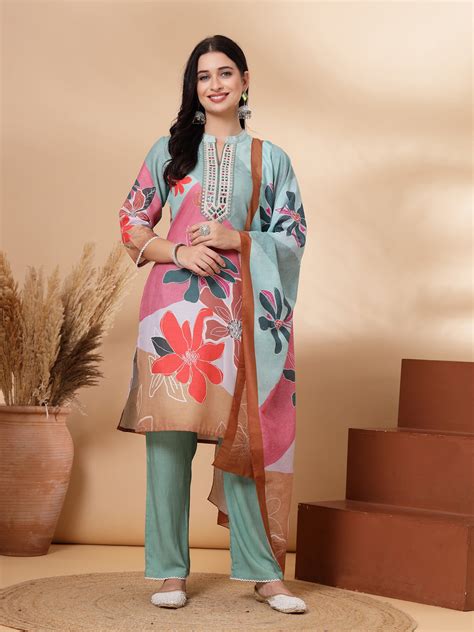 Floral Linen Kurta Set with Mirror Embroidery & Printed Muslin Dupatta ...