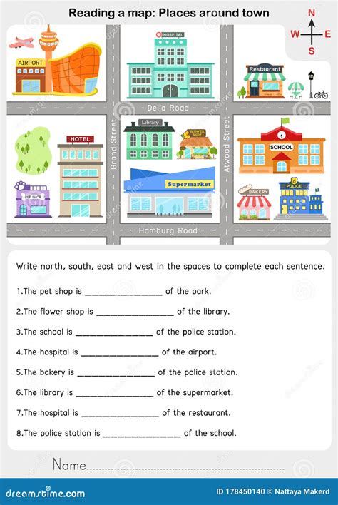 Reading a Map: Places Around Town - Giving Direction Stock Vector ... - Worksheets Library