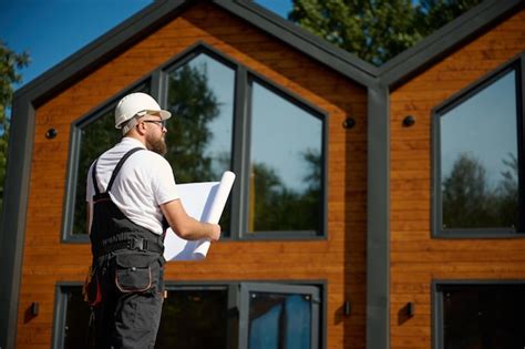 Architect hold plan bearded architect wearing hardhat holding project ...