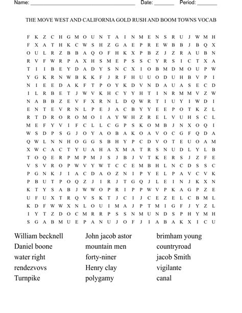 THE MOVE WEST AND CALIFORNIA GOLD RUSH AND BOOM TOWNS VOCAB Word Search ...
