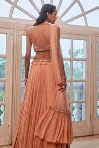 Buy Peach V Neck Embroidered Blouse And Lehenga Set For Women by Label ...