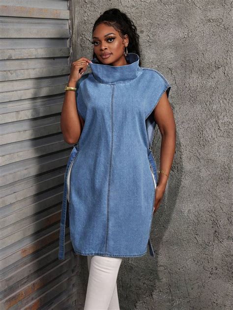 SHEIN Lady Plus Size Women's Denim Tops Sexy Straps Fit Long Blue Long ...