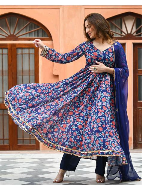 Blue Rayon Printed Long Gown Kurti Set with Pant and Dupatta – Sukriti ...
