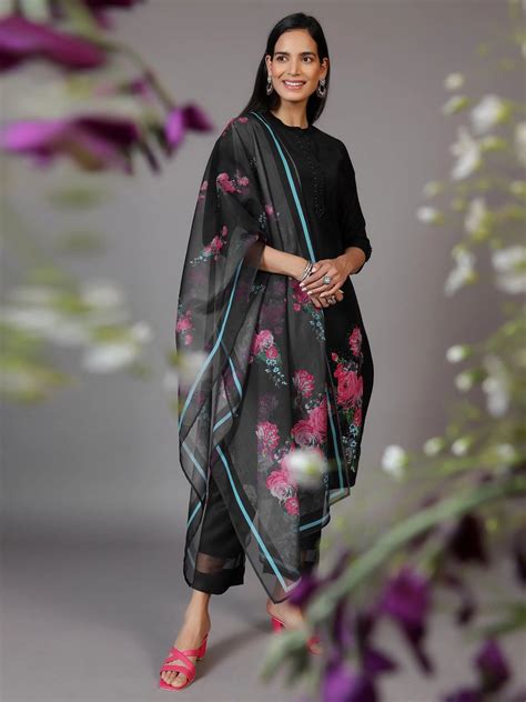 Buy Black Self Design Silk Blend Straight Suit With Dupatta Online at ...
