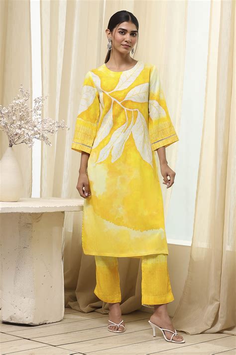 Buy Yellow Floral Printed Straight Kurta Set Online at Biba India