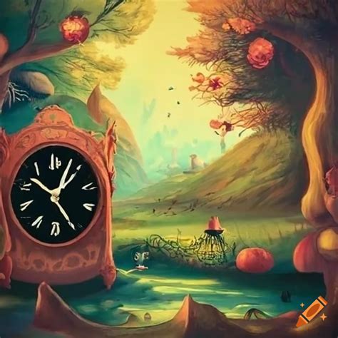 Alice in wonderland themed landscape with calenders and clocks on Craiyon