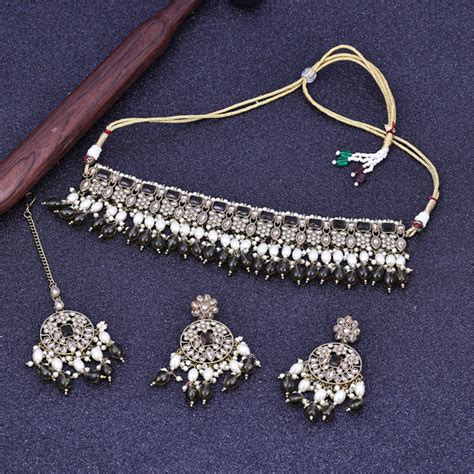 Sukkhi Ravishing Black Gold Plated Pearl Choker Necklace Set With Maan ...