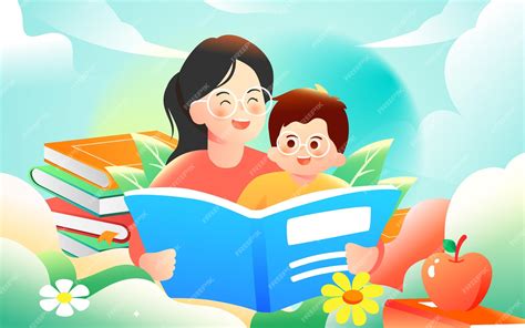 Premium Vector | Parents guide their children to read and study, the background is various books ...