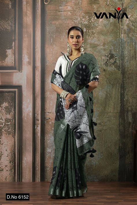 Olive Green Tropical Print Linen Saree | Vanya