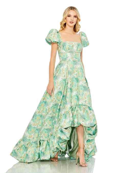 Buy Green Polyester Square Neck Floral Print High-low Gown For Women by ...