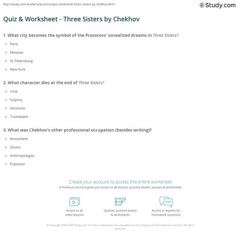 Quiz & Worksheet - Three Sisters by Chekhov | Study.com