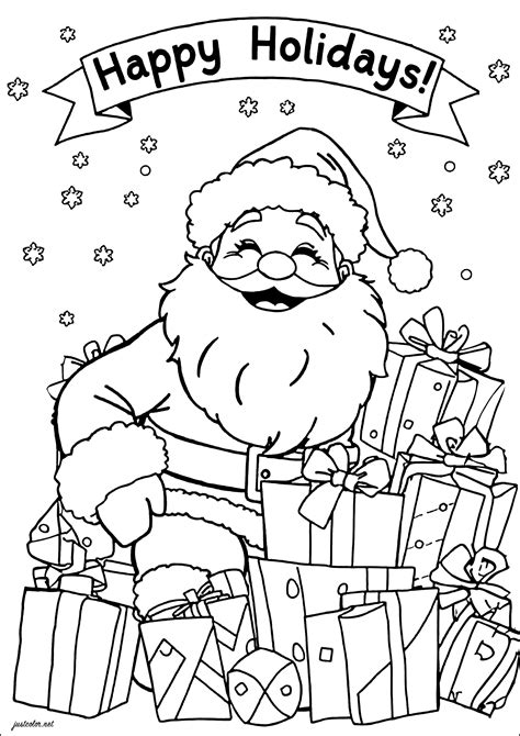 Merry Santa surrounded by gifts - Christmas Coloring Pages for Kids