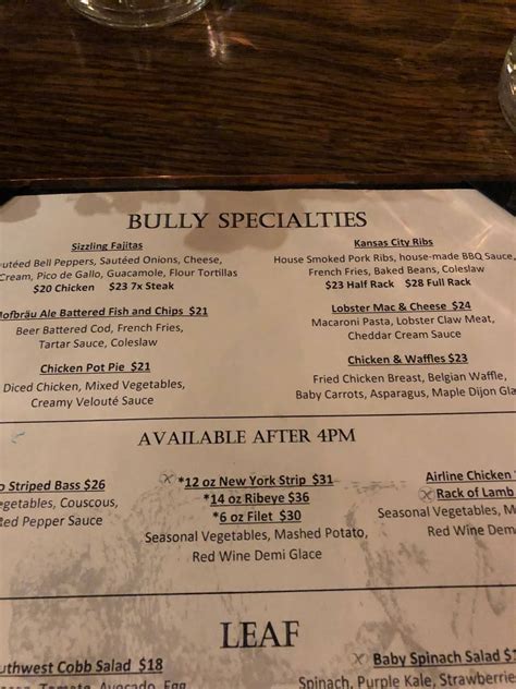 Menu at Bully Ranch Restaurant, Vail