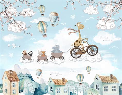 Blue Animals Riding In City Illustration Wallpaper | WP 04043 Canvas ...