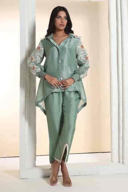 Buy Green Shimmer Embroidered Thread Collar Sleeve Shirt With Pant For ...