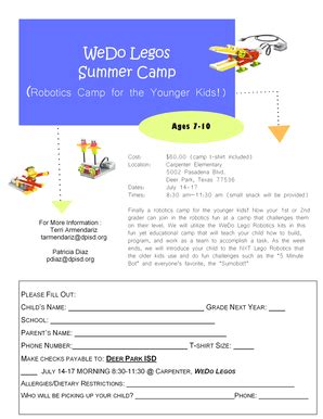 Fillable Online dpisd WeDo Legos Summer Camp - dpisdorg Fax Email Print ...