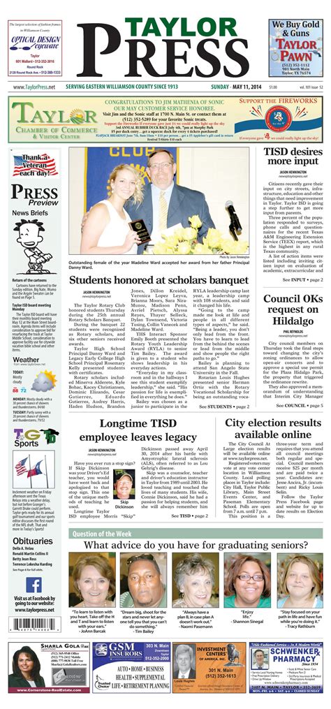 Taylor Press (Taylor, Tex.), Vol. 101, No. 52, Ed. 1 Sunday, May 11 ...