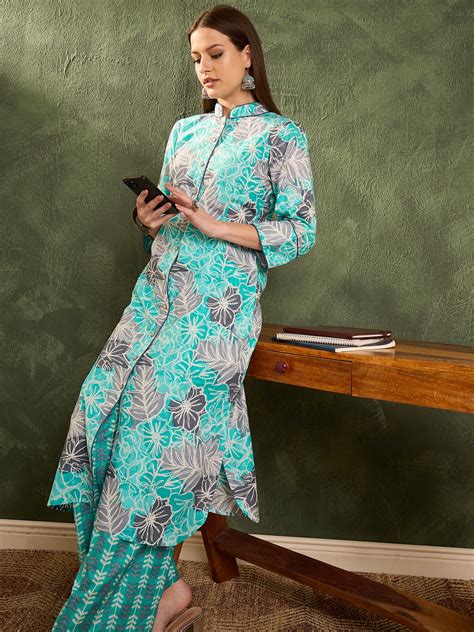 Buy Women Aqua Blue Floral Wood Button Kurta With Pants Online at Best ...