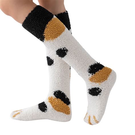 Fuzzy Socks for Women Cozy Warm Coral Fleece Knee High Socks Cat Stripe ...