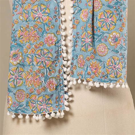 Blue Block Print Cotton Sanganeri Stole with Pom Pom