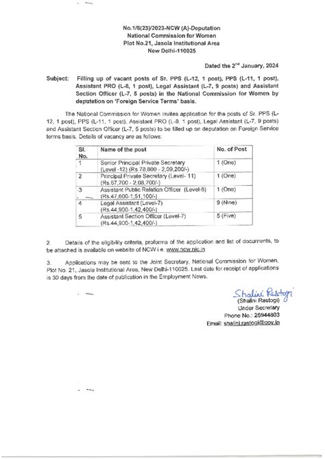 Advertisemnt Deputation - National Commission for Women Plot No, Jasola ...