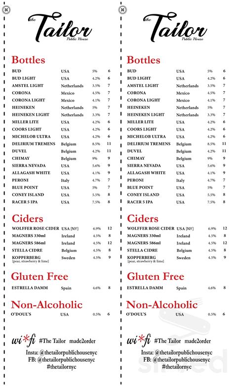 The Tailor Public House menu in New York, New York, USA