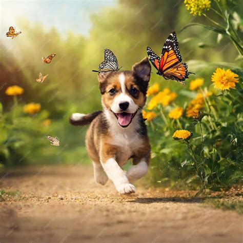 Premium Photo | Photo of cute puppy chasing butterflies generative ai